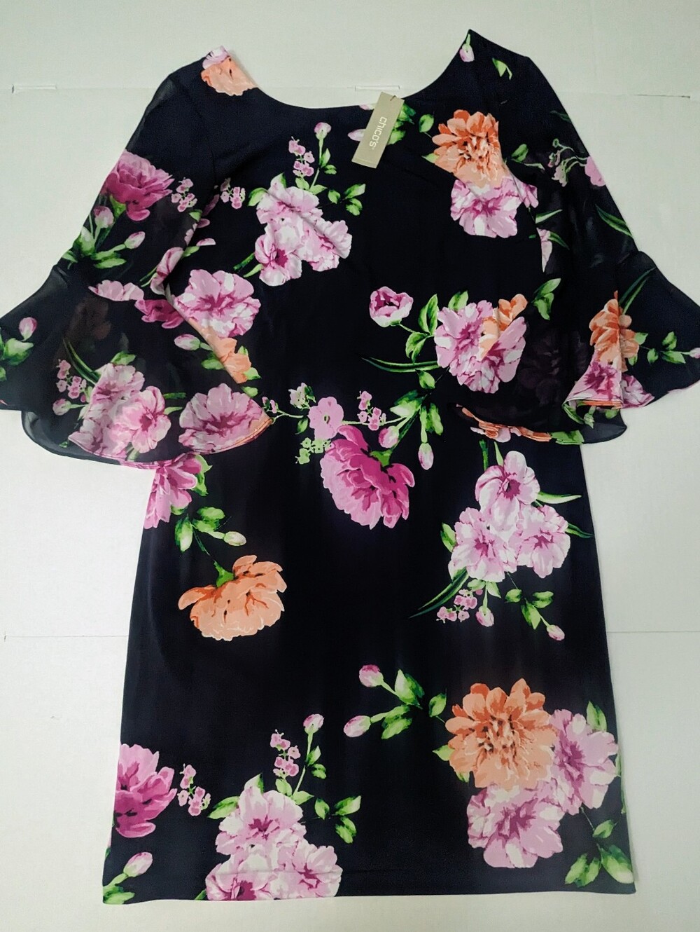 Chico's Women's Floral Print Navy Shift Dress Sheer Bell 3/4 Sleeve SIZE 00 NWT